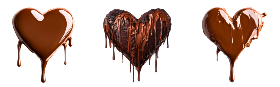 Collection of melted chocolate bars shaped like hearts with dripping edges isolated on a white or transparent background