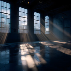Sunlight streams into empty warehouse through