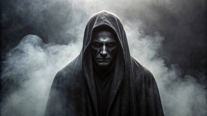 Scary dark man in a black hood and smoke in background.