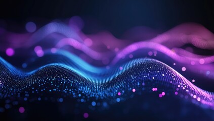 Abstract digital wave, vibrant hues of blue and purple, dotted particles on dark background