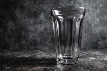 Clear glass tumbler on a dark surface.