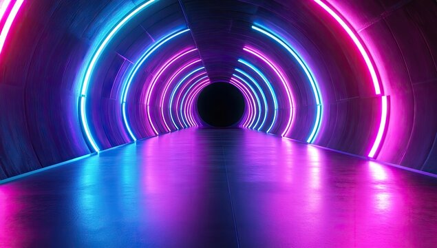Neon tunnel with circular lights.  A dark tunnel with concentric rings of vibrant pink and blue neon lights.  The floor reflects the light.  Dark walls.  Empty space.  Forward perspective