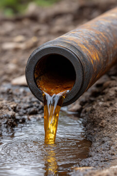 Liquid Flowing From Rusty Pipe Into Water Stream Pollution Concept