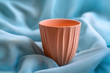 Light peach colored ribbed cup on a light blue silk fabric.