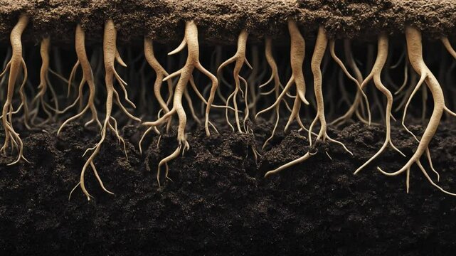 Subterranean tendrils Roots searching through earthy strata