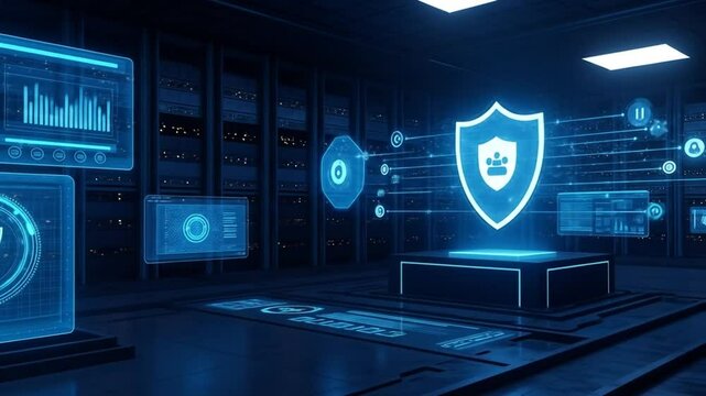 Advanced cybersecurity shield protecting data within a futuristic server room environment - Powered by Adobe