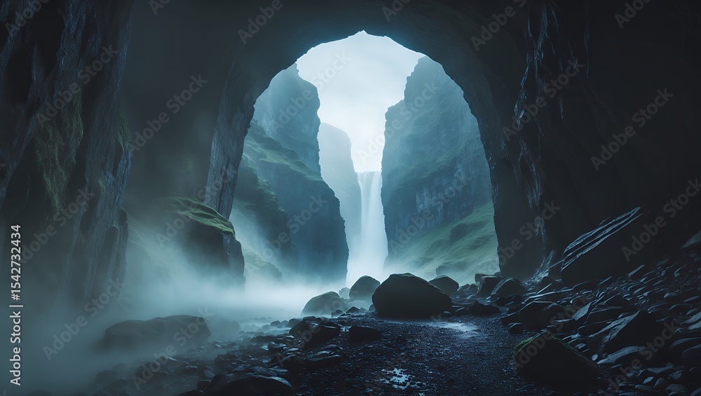 Poster waterfall view from dark cave with mist and rocky path