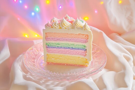 Pastel rainbow layered cake slice on a glass plate.