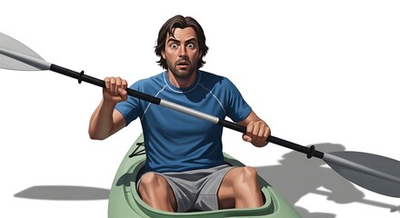 A man kayaking with a surprised expression. The man is in a kayak holding a paddle, appearing focused and somewhat shocked.