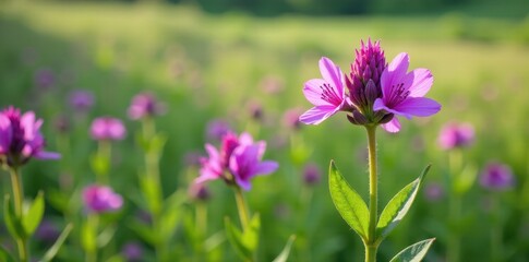 Fototapeta premium Mongolian milkvetch with purple flowers and green leaves, green foliage, field, botanical garden