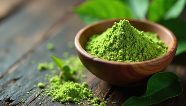 Moringa leaf powder in a wooden bowl on a rustic stone table, herbal remedy, morningglow, moringapower