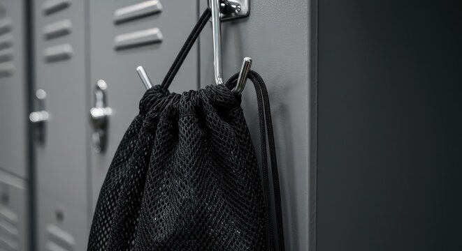 Black Drawstring Bag Hanging on Locker Gym, Sports, and Everyday Essentials