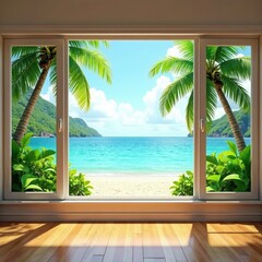 Panoramic windows frame tropical landscape, natural light pours in , tropics, empty room, outdoor setting