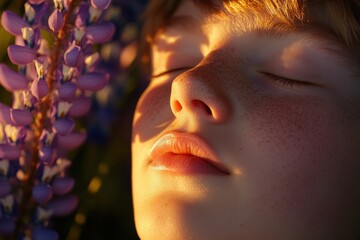 Close-up of a child's face with closed eyes, bathed in golden sunlight.