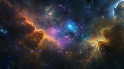 A stunning cosmic scene filled with vibrant nebulae and countless stars. Ideal for space - themed projects, sci - fi presentations, or astronomy - related content.