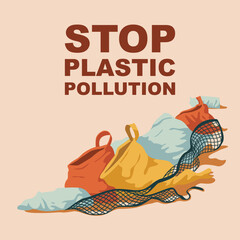 Stop Plastic Pollution Vector Poster Design. Flat vector illustration with plastic waste and bold message to stop plastic pollution. Ideal for awareness campaigns, posters, or educational content.
