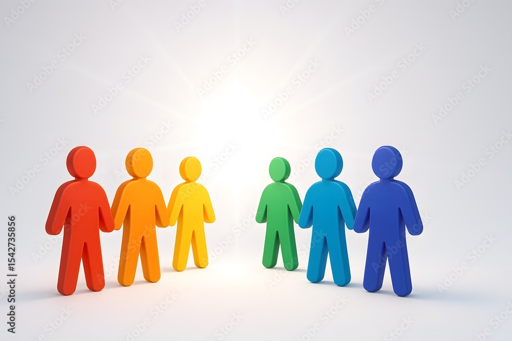 Poster colorful figures holding hands in unity on a bright background