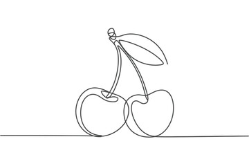 Single Line Drawing of Two Cherries with Stem and Leaf