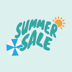 Summer Sale Lettering with Sun and Beach Umbrella. Bright and playful Summer Sale vector with sun and beach umbrella. Ideal for e-commerce, discount ads, and holiday campaign graphics.
