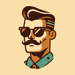 Retro Hipster Man, Mustache and Sunglasses Illustration. Stylish retro man character with mustache, sunglasses, and vintage hairstyle. Great for barbershop logos, Father's Day, or masculine designs.