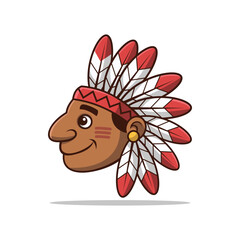 Native American Chief Cartoon Vector. Smiling Native American cartoon chief wearing traditional red and white feather headdress. Great for mascot, logo, culture-themed projects.