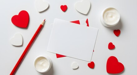 Valentine's Day flat lay with red pencil, cream jar, and blank card