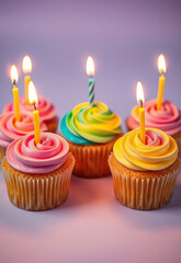 Colorful frosted cupcakes with lit candles on pastel background, creating festive and cheerful atmosphere