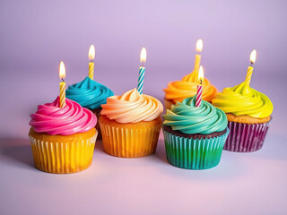 Colorful cupcakes with lit candles on top, arranged on pastel background, creating festive and cheerful atmosphere