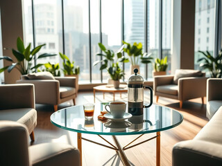 Modern lounge area with glass coffee table, French press, and cup of coffee, surrounded by armchairs and indoor plants