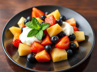 Fresh fruit salad with strawberries, blueberries, cheese cubes, and yogurt garnished with mint leaves on black plate