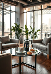 Cozy modern lounge with glass coffee table, French press, cup of coffee, and croissants, surrounded by armchairs and indoor