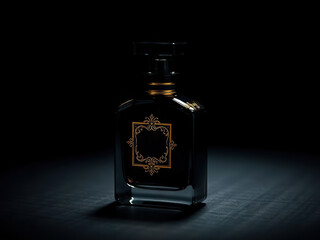 Luxurious black perfume bottle with intricate gold detailing, illuminated dramatically against dark background