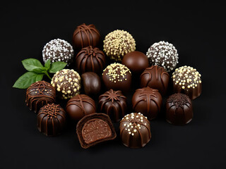 Variety of gourmet chocolate truffles with intricate designs and textures, arranged black background with fresh green leaf