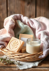 Handmade soap bars and candle in wicker basket with soft towels, creating cozy and relaxing spa like atmosphere