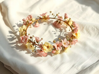 Delicate floral crown with pastel pink and yellow flowers rests on soft white fabric, evoking serene and romantic atmosphere