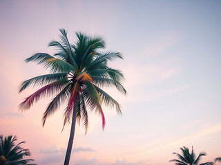 Tall palm tree with vibrant green leaves stands against pastel colored sky during sunset, evoking serene tropical vibe