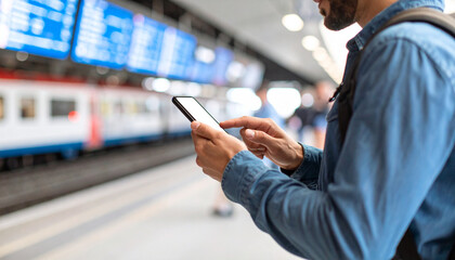 Man using smartphone at train station platform with blurred train and digital information board in background, casual travel and communication concept