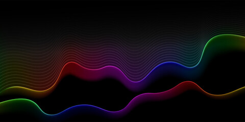 Abstract colorful dynamic line waves on the black background