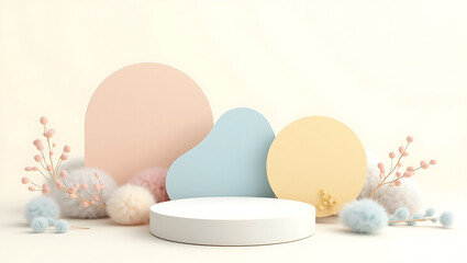 Fototapeta premium Pastel colored product display with fluffy decor