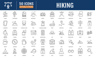 Hiking line editable icon set. Containing Camping,
Compass, Mountain, Tourism, Carabiner, Map,
Flashlight, Backpack, Tent, Campfire and more. Vector illustration 