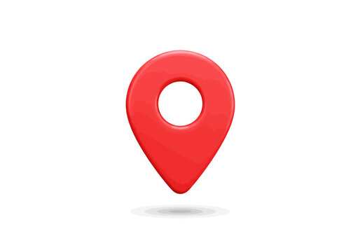Glossy red map pin icon with hole casting shadow on a white background