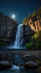 Majestic Waterfall under a Full Moon Night Photography