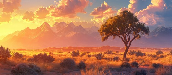 Golden hour desert landscape with mountains