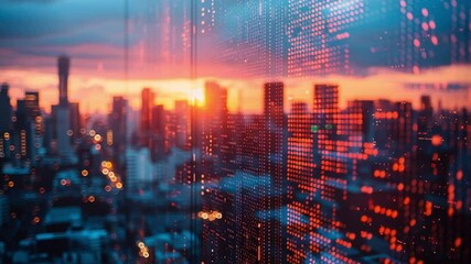 Skyline at Sunset: An aerial panorama showcases a cityscape painted in the vibrant hues of sunset, intertwined with digital data streams, symbolizing the fusion of nature and technology. - Powered by Adobe