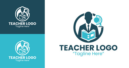 Modern Teacher Logo Design with Open Book and Classroom Icon in Teal and Dark Blue