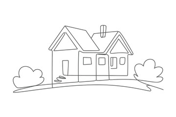 Single Line Drawing of a House with Trees