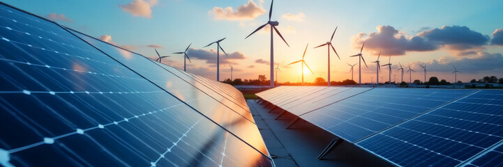 Close-up of solar panels in a field with wind turbines in the background at a vibrant sunset