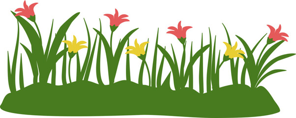 Spring Meadow with Red and Yellow Flowers, Simple Illustration