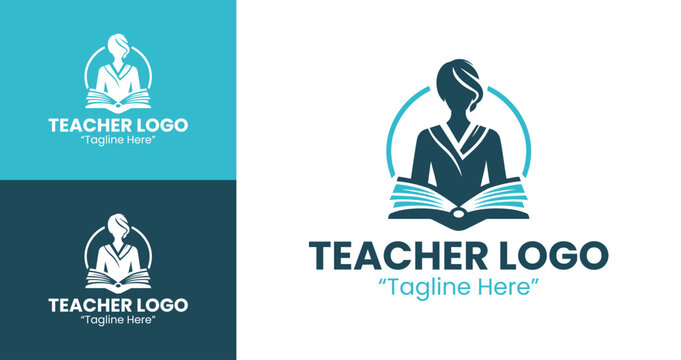 Elegant Teacher Logo with Book Icon and School Branding in Teal and Dark Blue