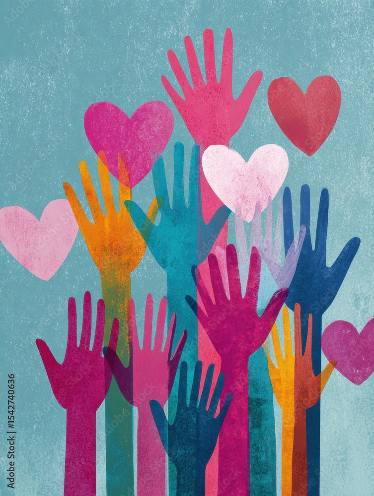 Poster support network formed by colorful hands reaching up, surrounded by vibrant hearts, symbolizing unit